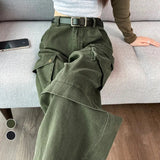 HOUZHOU Y2K Cargo Pants Women Green Wide Leg Cargo Trousers Female Korean Streerwear Hip Hop Pockets Casual Retro Safari Style