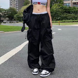 Summer Parachute Black Pants Women Hippie Streetwear Oversize Pockets Cargo Trousers Harajuku Wide Leg Baggy Sweatpants Women