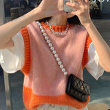 Korean Style Fashion Sweater Vest Women's Spring 2024 New O Neck Patchwork Loose Pullover Female Chic Sweater Lazy Knitted Top