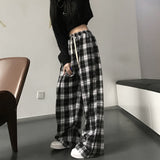 Lucyever Harajuku Black and White Plaid Pants Women Summer Casual Wide Leg Trousers Teens Hip Hop Unisex Loose Straight Pants