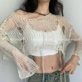 Knitted Tops Long Sleeve Sweater Women Clothes Korean Fashion Hollow Out Crop Top Pullovers Knit Jumper Grunge Y2k Chic