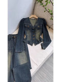 V Neck Denim Coat Wide Leg Jeans Trousers 2 Piece Sets Womens Outfits Y2k Suits Vintage Autumn Winter Jacket  Loose Pants