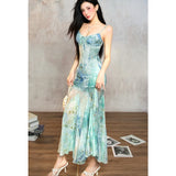 Summer Women's Suspender Dress Sleeveless Holiday Romantic Sexy Oil Painting Halo Dyed Fishtail Skirt Irregular Camisole Dress