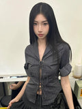 Vintage Sexy Coquette Blouses Women Korean Style Punk Streetwear Striped Print Bandage Hollow Out Slim Shirts Y2k