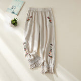 Women's Cotton Linen Pants Female Elastic Waist Floral Embroidery Traditional Folk Lace Patchwork Ankle Length Casual Trousers