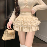 Lace Patchwork Mini Skirt Girly Style Fashion High Waist Ball Gown Korean Sexy Apricot Ruffles Pleated Skirt Ladies New