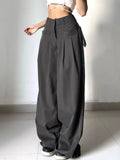 HiqdressShirring Casual Wide Leg Pants Women High Waist Street Basic Loose Sweat Trousers Korean Retro Gray Office Lady Pants