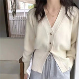 Korean Version Short Knitted Cardigan Sexy V-Neck Design Texture Solid Color Top Autumn Winter New Sweater Coat Female Pop