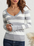 Women Long Sleeve Knit Tops Casual V-neck Striped Pullover Shirt Blouse for Club Streetwear