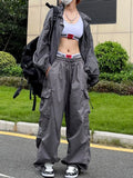 HiqdressY2K Parachute Black Pants Women Hippie Streetwear Oversize Pockets Cargo Trousers Harajuku Wide Leg Baggy Sweatpants