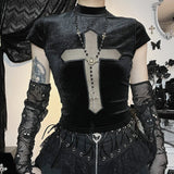 Hiqdress-Goth Dark Cross Sheer Mall Gothic Women T-shirts Grunge Aesthetic Punk Sexy Emo Black Top Streetwear Fashion Alternative Clothes