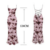 Lace Up Backless Maxi Dress Sexy Mesh Floral Printing Bodycon Holiday Dress Elegant Spaghetti Strap Dress Summer