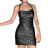 Women Y2K Sequin Bodycon Mini Dress Spaghetti Strap V Neck Backless Short Dresses Sexy Glitter Party Club Dress Streetwear