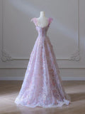 Romantic Fairy Sequins 3D Flower Pink A-line Wedding Evening Party Dress Sleeveless Princess Birthday Gown