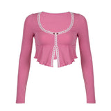 Korean Fashion Pink Frill Crop Top Women T-shirts Slim Y2K Cute Lace Trim Coquette Clothes Fold Mini Tee Shirt Kawaii