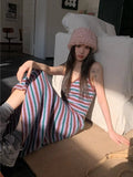 V-neck striped sling skirt vintage knitted dress long skirt women's fashion temperament skirt