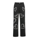 HiqdressBrown Baggy Girl Jeans Women Heart Print New Aesthetic Vintage 90s Streetwear Denim Trousers Low Waist Straight Pants