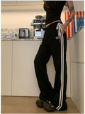 Y2k Black Striped Sweatpants Woman Korean Fashion Spring Gyaru Wide Leg Sports Pants Streetwear Harajuku Trouser Kpop