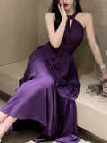 Purple Sexy Party Sleeveless Dress Women Chiffon France Vintage Long Dress Female Beach Elegant Chic Backless Dress Summer