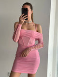 Elegant Off The Shoulder Mesh Dress Sexy Halter Boning Bodycon Birthday Party Dresses Pink Summer Dresses Women