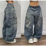 HiqdressStreet Vintage Jeans New Y2K Harajuku Wash blue Multiple pockets Baggy Jeans Denim Pants Mens Womens High Waist Wide Trousers