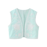 HiqdressWomen Fashion Y2k Vintage Floral Embroidery Vest Top V Neck Loose Casual Summer Woman Short Cardigan Waistcoat Chic Tops