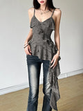 Summer Irregular Ruffled Camisole Women Backless Y2k Vintage Solid Hole Tanks Female Grunge Sexy 2000s Aesthetic Long Tops