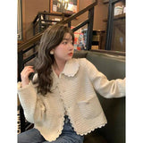 Elegant Cropped Tweed Jackets Women Sweet Lace Patchwork Short Coat Vintage Korean Peter Pan Collar Casual Outerwear Tops