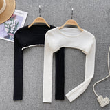 Elegant Sweet Long Sleeve Hollow Out Knit Pullover Korean Fashion Casual Sweater Autumn Winter Women Knitwear Crop Tops