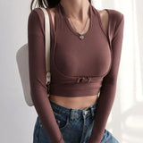 Slim Fit Long Sleeve T-shirts Women Solid Stylish Simple Chic Halter Fake-two Pieces Crop Tops Female All-match Fashion