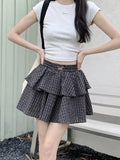 Kawaii Black Plaid Mini Skirt Women Japanese Sweet Harajuku Y2K Elastic Waist A-line Loose Ruffle Short Skirt Lolita