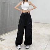 HiqdressWomen Casual Joggers Tech Pants Solid Low Waist Sweatpants Drawstring Wide Leg Baggy Trousers Y2k Streetwear Oversize Sweatpants