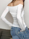 Sexy Long Sleeve Shoulder Gauze T-shirts Women Slim Solid Versatile T-Shirt 2023 Spring Female Fashion Off Shouler Tops