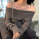 HiqdressHigh Street Sexy Off Shoulder Gray  Sweaters  Autumn New Thicked Warm Tops Women Y2k Grunge Long Sleeve Knitted Pullover