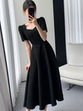 Women  Summer New Elegant Midi Black Dress Solid A Line Femme Fashion Office Lady Clothing Vestidos