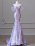 Purple Laser Sequin Beaded Mermaid Women Evening Dress with Puff Sleeves Tassel Pearls Tulle Train Prom Gown 