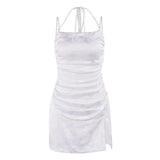 Spaghetti Strap Jacquard Satin Dress White Bodycon Birthday Party Dresses Mini Lace Up Summer Dresses Women 