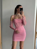  Elegant Off The Shoulder Mesh Dress Sexy Halter Boning Bodycon Birthday Party Dresses Pink Summer Dresses Women