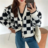 Fashion Harajuku Black and White Patchwork Cardigan Sweater Women Fall Long Sleeve Streetwear Tops Korean Y2k Sweater New