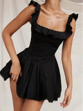 Black Square Neck Pleated Dress Mini Lovely Casual A Line Birthday Party Dresses Sexy Women Clothes