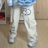 QWEEK Harajuku Kawaii White Corduroy Pants Sweet Cartoon Embroidery Wide Leg Cargo Trousers Oversized Japanese Style Pantalon