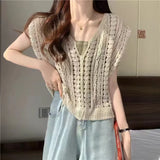 Cotton Crochet Tops Sexy Knitted Hollow Out Sleeveless T-Shirts Loose Female Women Clothing 2023 Summer New Vintage Tees Femme