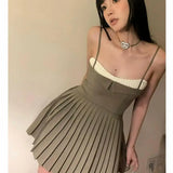 Y2K Pleated A-line Short Skirt Small Girl Slash Neck A Line Patchwork Ballet Strap Dress Summer Super Mini Party Dress