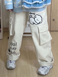 QWEEK Harajuku Kawaii White Corduroy Pants Sweet Cartoon Embroidery Wide Leg Cargo Trousers Oversized Japanese Style Pantalon