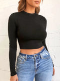 HiqdressSolid Basic Long Sleeve Womens Tshirt Casual Black White Fashion Crop Top T Shirt Ladies Fashion Korean Tee Shirt