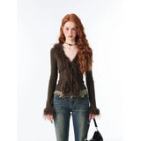 Elegant Vintage V-neck Lace Up Furry Plush Cardigan Women Spring Crop Top Long Sleeve Sweaters Sexy Slim Fit Bottoming Tops