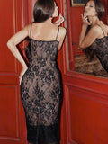 Knee Length Lace Spaghetti Strap Dress Sexy Bodycon Party Dresses Black Slim Birthday Night Women Clothing