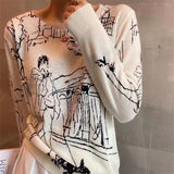 2023 Refined Imitation Wool Knit T-Shirt Women's Long Sleeve Top Graffiti Digital Jacquard Pullover Ladies Sweater Summer Thin