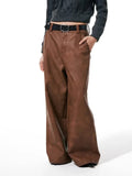 Mauroicardi Spring Autumn Long Loose Casual Brown Pu Leather Pants Men Wide Leg LUxury Designer Unisex Trousers Fashions 2023