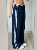 Sweetown Side Zipper Split Contrast Stripe Loose Casual Women Straight Leg Pants Y2K Baggy Trousers